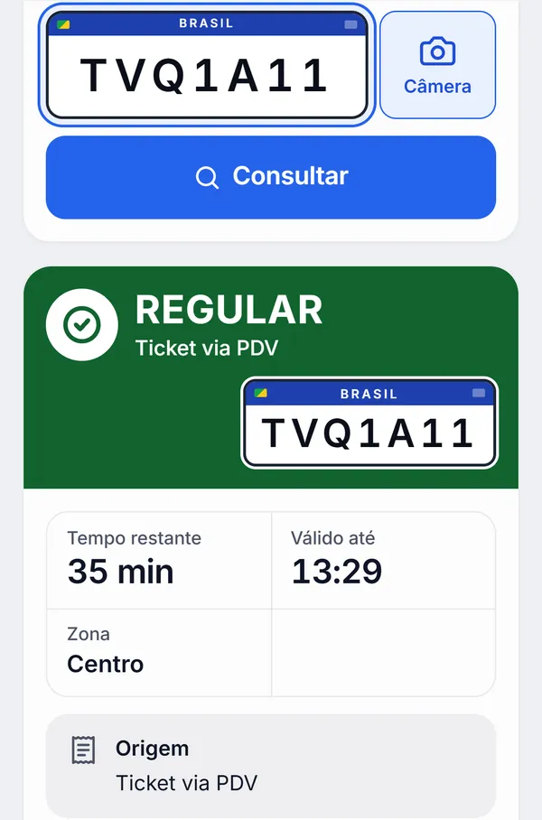App do fiscal: consulta da placa TVQ1A11 com resultado REGULAR, ticket comprado em ponto de venda, 35 minutos restantes, válido até 13:29, zona Centro.