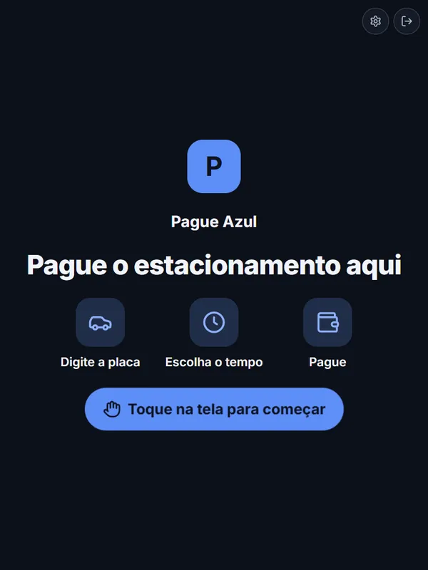 Tela inicial do totem: Pague o estacionamento aqui, com os passos Digite a placa, Escolha o tempo e Pague, e o botão Toque na tela para começar.
